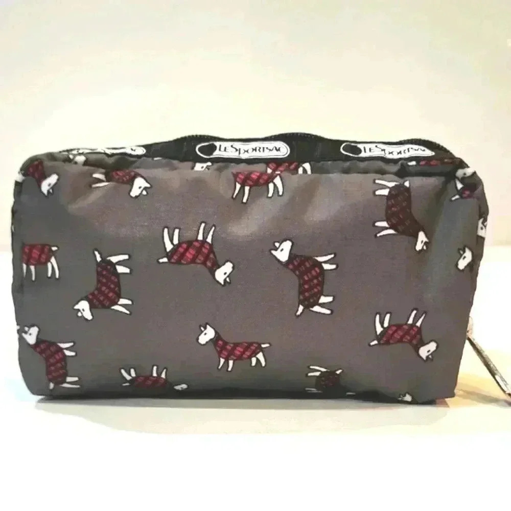 LeSportSac Lamb Black & Red Patterned Zipper Cosmetic Travel Bag 6.5 X 4 X 2" - Picture 2 of 13